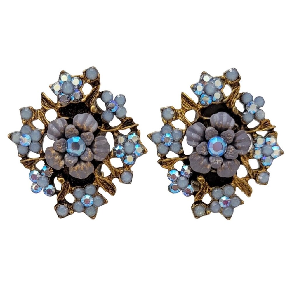 Michal Negrin Israel Blue AB Rhinestone Enamel Flower Pierced Earrings, K133